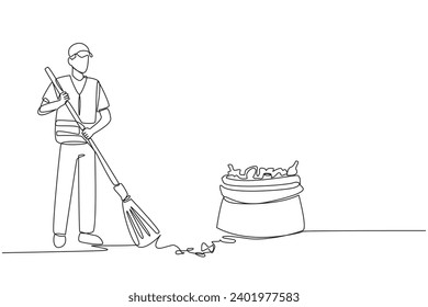 Una sola línea dibujando basura en el hombre limpiando basura con escoba. Entusiasmo por trabajar para mantener la limpieza y belleza de la naturaleza. Reducir la contaminación. Ilustración gráfica de diseño de línea continua