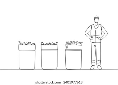 Single one line drawing trash man standing near three trash cans. Waste grouping. Simplify the process at the landfill. Reuse. Styled like a HSE Officer. Continuous line design graphic illustration