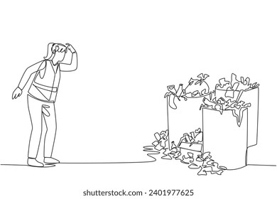 Single one line drawing trash woman scratched head looking at several trash cans full. Final waste dumps are full. Household waste also piles up. Confusion. Continuous line design graphic illustration