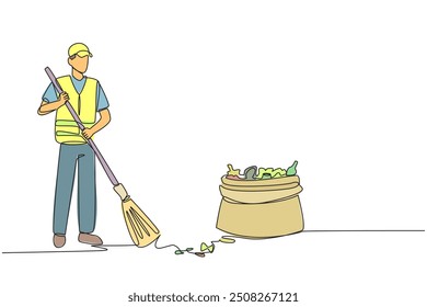 Single one line drawing trash man cleaning trash with broom. Enthusiasm about working to maintain the cleanliness and beauty of nature. Reduce pollution. Continuous line design graphic illustration