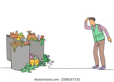 Una sola línea dibujando a un hombre de basura se rascó la cabeza mirando varios botes de basura llenos. Medio ambiente insalubre. Debe transportarse inmediatamente al vertedero. Ilustración gráfica de diseño de línea continua