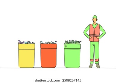 Single one line drawing trash man standing near three trash cans. Waste grouping. Simplify the process at the landfill. Reuse. Styled like a HSE Officer. Continuous line design graphic illustration