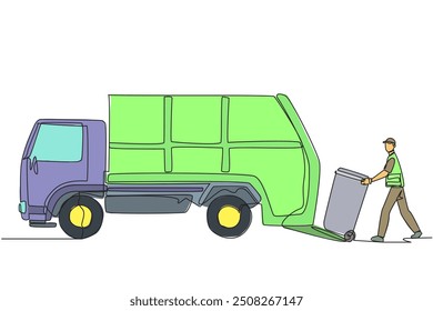 Single one line drawing trash man loads the trash can into the trash truck. Garbage trucks will drive around to pick up trash elsewhere. Environmental care. Continuous line design graphic illustration