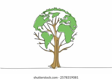Single one line drawing a tree whose leaves form a globe. A sign. Symbolism. A dense tree is good for the earth. Eco friendly. Anti pollution. Day of Trees. Continuous line design graphic illustration