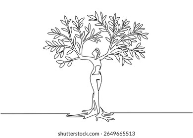 Single one line drawing a tree with thick leaves, the trunk part resembles woman raising both hands. The woman who loves taking care of plant. Tree Concept. Continuous line design graphic illustration