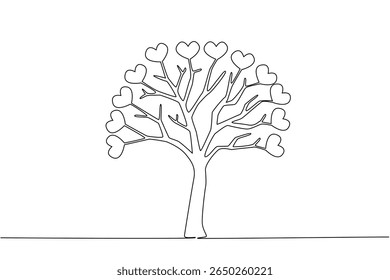 Single one line drawing tree with many branches and fruit heart symbol. Symbol of affection for plant lovers. Plant and care for it with love. Tree Concept. Continuous line design graphic illustration
