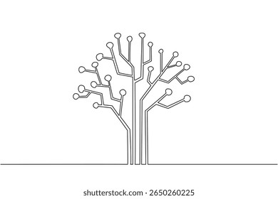 Uma única árvore de desenho de uma linha com conceito de tecnologia. Circuitos na motherboard. Eletricidade muito amiga do ambiente. Tecnologia. Conceito de árvore. Ilustração gráfica de design de linha contínua