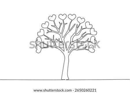 Single one line drawing tree with many branches and fruit heart symbol. Symbol of affection for plant lovers. Plant and care for it with love. Tree Concept. Continuous line design graphic illustration