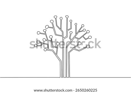 Single one line drawing tree with technology concept. Circuits on the motherboard. Very environmentally friendly electricity. Technology. Tree Concept. Continuous line design graphic illustration