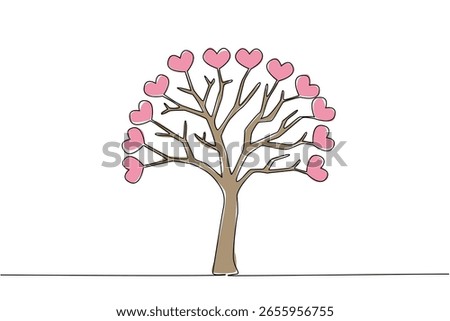 Single one line drawing tree with many branches and fruit heart symbol. Symbol of affection for plant lovers. Plant and care for it with love. Tree Concept. Continuous line design graphic illustration