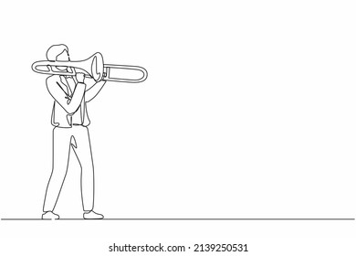 Single one line drawing trombone player. Male performer play wind instrument. Music artist boy. Jazz man. Musician play trumpet. Entertainment. Classic music event. Continuous line draw design vector