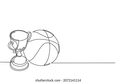Single one line drawing trophy   basketball ball  Champion cup icon and basketball  Championship trophy  Sport tournament award  winner cup   victory concept  Continuous line draw design vector
