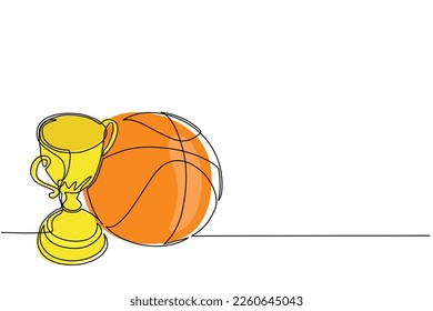 Single one line drawing trophy   basketball ball  Champion cup icon and basketball  Championship trophy  Sport tournament award  winner cup   victory concept  Continuous line draw design vector