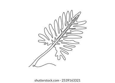 Single one line drawing tropical leaf plant. Printable decorative philodendron selloum houseplant concept for home wall decor ornament. Modern continuous line draw design graphic vector illustration
