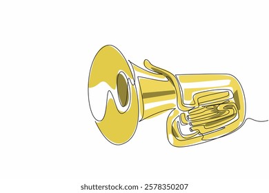 Single one line drawing tuba. A wind instrument made of metal. The tones differ due to the length and shape of the pipe. Entertainment. National Tuba Day. Continuous line design graphic illustration