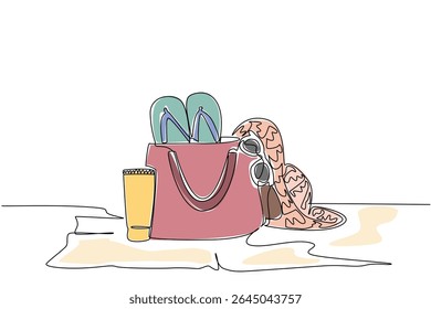 Único tubo de desenho de uma linha de protetor solar, óculos de sol, saco, chapéu tecido e chinelos no tapete. Jogar equipamentos no verão. Proteger. Dia Nacional do Protetor Solar. Ilustração gráfica de design de linha contínua