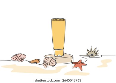 Um único tubo de desenho de uma linha de protetor solar no pequeno pódio e arranjo de conchas e estrelas-do-mar. Jogando confortavelmente na praia. Dia Nacional do Protetor Solar. Ilustração gráfica de design de linha contínua