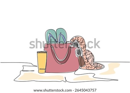 Single one line drawing tube of sunscreen, sunglasses, bag, woven hat and flip flops on the mat. Play equipment in summer. Protect. National Sunscreen Day. Continuous line design graphic illustration