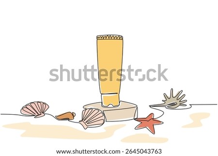 Single one line drawing tube of sunscreen on small podium and arrangement of shells and starfish. Playing comfortably on the beach. National Sunscreen Day. Continuous line design graphic illustration