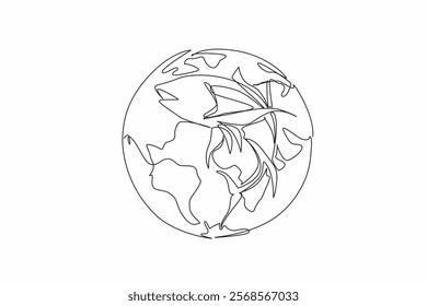 Single one line drawing tuna in the middle of the globe. Symbolizing the even distribution of tuna throughout the world. Good protein. World Tuna Day. Continuous line design graphic illustration