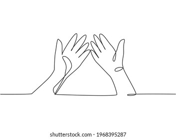 Single one line drawing of twelve steps hand washing. Finally, both palms are clean and dry from water. Hands are clean and hygienic. Modern continuous line draw design graphic vector illustration.