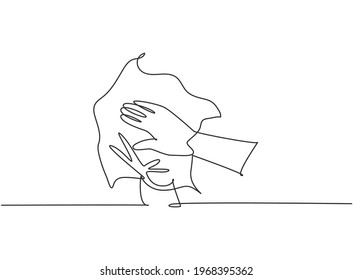 Single one line drawing of twelve steps hand washing by wiping your palms dry with a towel. Hand hygiene to avoid the corona virus. Modern continuous line draw design graphic vector illustration.
