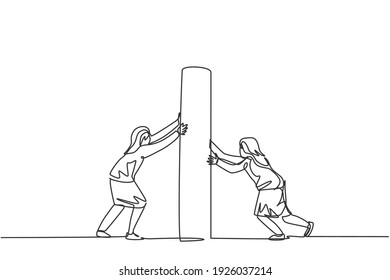Single one line drawing two young smart business women pushing wall together team building. Business teamwork metaphor minimal concept. Modern continuous line draw design graphic vector illustration