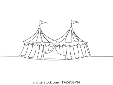 Single one line drawing of two circus tents together with stripes and flags at the top. Show place for clowns, magicians, animals. Modern continuous line draw design graphic vector illustration.