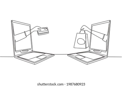 Single one line drawing two hands out of the laptop screen to exchange shopping bags with credit cards. Sale, digital payment concept. Modern continuous line draw design graphic vector illustration