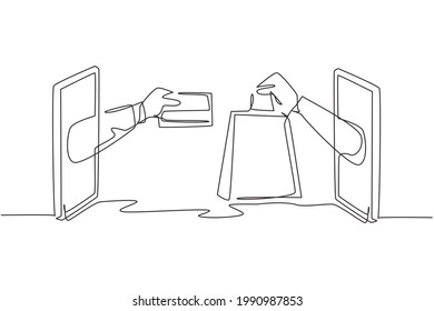 Single one line drawing two hands out of smartphone screen to exchange shopping bags with credit cards. Sale, digital payment concept. Modern continuous line draw design graphic vector illustration