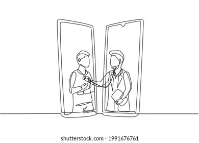 Single one line drawing two smartphones facing each other and male doctor checking heart rate male patient using stethoscope  Online doctor  Continuous line draw design graphic vector illustration