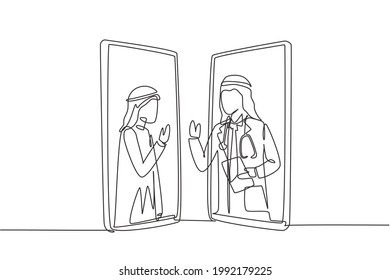 Single one line drawing two smartphones face to face and contain Arabian male patient and Arab male doctor with their bodies as if coming out of smartphone. Modern continuous line draw design graphic
