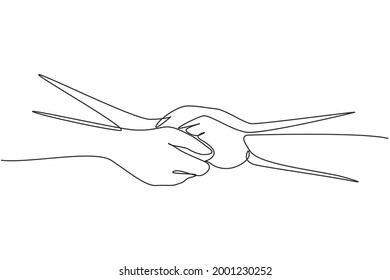 Single one line drawing two hands holding each other. Sign or symbol of love, relationship, couple, marriage. Communication with hand gestures. Continuous line draw design graphic vector illustration