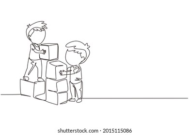 Single one line drawing two little boys playing blocks toys together. Educational toys. Children playing designer cubes, developmental constructor. Continuous line design graphic vector illustration