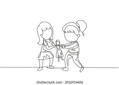 Single one line drawing two little girls fighting over a princess doll. Conflict between children. Kids sibling fighting in playroom because of toy. Modern continuous line draw design graphic vector