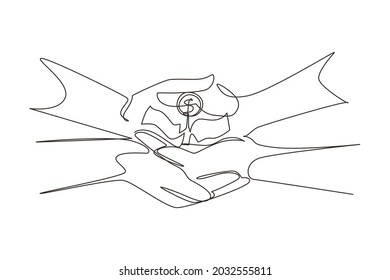 Single One Line Drawing Two Hands Holding Money Tree Together. Hand Of Businessman Who Pours Money Tree. Concept Of Earnings, Success In Work, Money. Modern Continuous Line Draw Design Graphic Vector