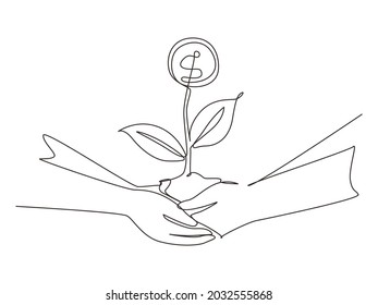 Single one line drawing two hands holding young money plant together. Money tree investment growth income interest savings economy. Modern continuous line draw design graphic vector illustration