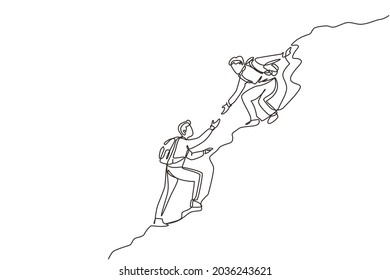 Single One Line Drawing Two Men Hiker Helping Each Other On Top Of Mountain. Teamwork Hiking Help Each Other Trust Assistance. Achievement Goal Concept. Continuous Line Draw Design Vector Illustration