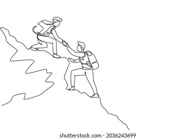 Single one line drawing two men hiker helping each other on top of mountain. Teamwork hiking help each other trust assistance. Goal concept. Continuous line draw design graphic vector illustration