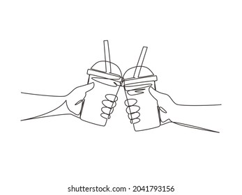 Single One Line Drawing Two Hands Holding Plastic Cup Bubble Tea Is Toasting And Clinking. Brown Sugar Flavor Tapioca Pearl Bubble Milk Tea With Glass Straw. Continuous Line Draw Design Graphic Vector