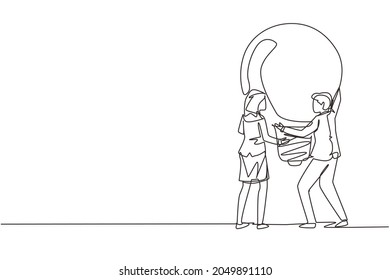 Single one line drawing two people hold big idea bulb. Creativity, brainstorming, teamwork. Man woman holding light bulb up, symbol of finding solution. Continuous line draw design vector illustration