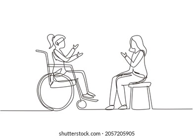 Single one line drawing two people sitting chatting, one using chair and one using wheelchair. Friendly woman are talking to each other, human disabled society. Continuous line draw design vector