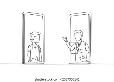 Single one line drawing two smartphones are standing in front of each other, one side contains male junior high school student studying and the other contains male teacher teaching. Draw design vector