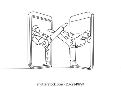 Single one line drawing two woman karate fighters comes out from cellular phone ready to fight. Professional karate fighters standing practicing karate together. Continuous line draw design vector