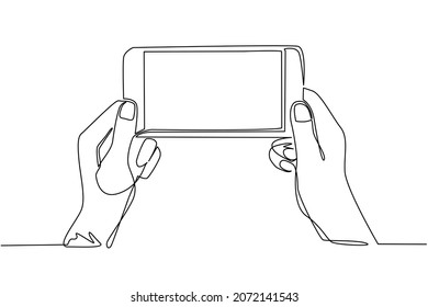 Single one line drawing two hands holding phone   touching screen  Mobile football streaming  Mobile sports play match  Online soccer game and live mobile app  Continuous line draw design vector