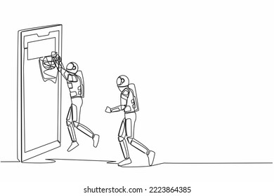 Single one line drawing two basketball players astronaut in action during game out of smartphone screen. One player doing slam dunk into basket. Cosmic galaxy space. Continuous line draw design vector