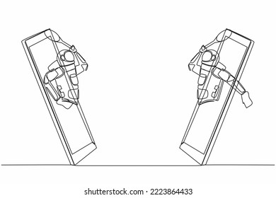 Single one line drawing of two young astronaut tennis players comes out from cellular phone ready to play in moon surface. Cosmic galaxy space. Continuous line draw graphic design vector illustration