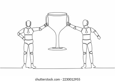 Una sola línea dibuja dos robots sosteniendo juntos el trofeo de oro. Equipo de ganadores celebrando la victoria. Proceso de aprendizaje de la máquina de inteligencia artificial. Ilustración vectorial de dibujo de línea continua