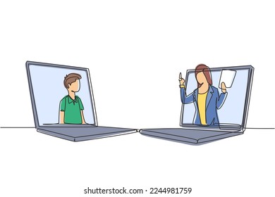 Single one line drawing two laptops are standing in front of each other, one side contains male junior high school student studying and the other contains female teacher teaching. Draw design vector