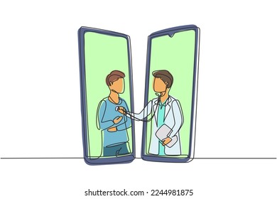 Single one line drawing two smartphones facing each other with male doctor checking heart rate of male patient using stethoscope. Online doctor. Continuous line draw design graphic vector illustration